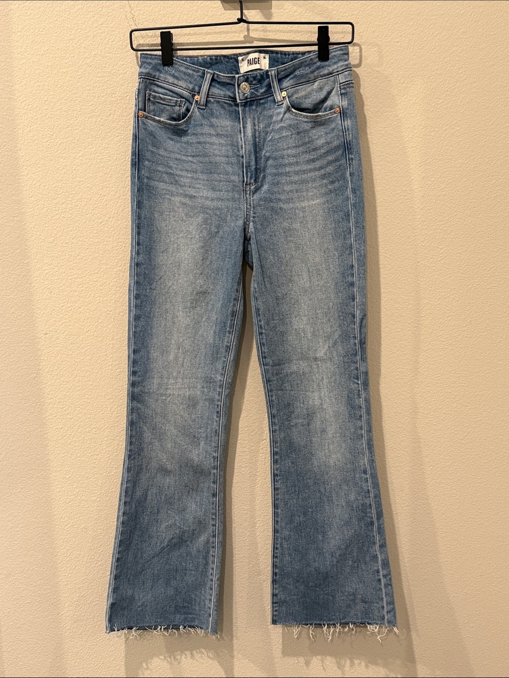 PAIGE Highrise Laurel Cayon Light Blue Slim Flare Jeans with Raw Hem Size 27